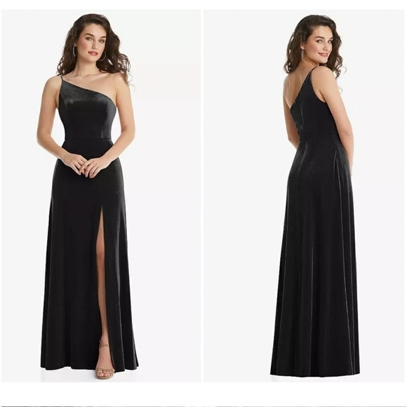 AFTER SIX 1556 ONE-SHOULDER VELVET MAXI DRESS POCKETS BLACK NWT - Picture 1 of 16